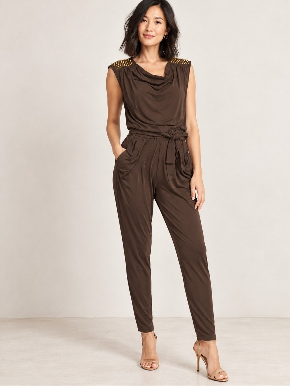 ❤️ NWT! MICHAEL MICHAEL KORS STUDDED SLEEVELESS DRAPEY TIE WAIST JUMPSUIT, XS